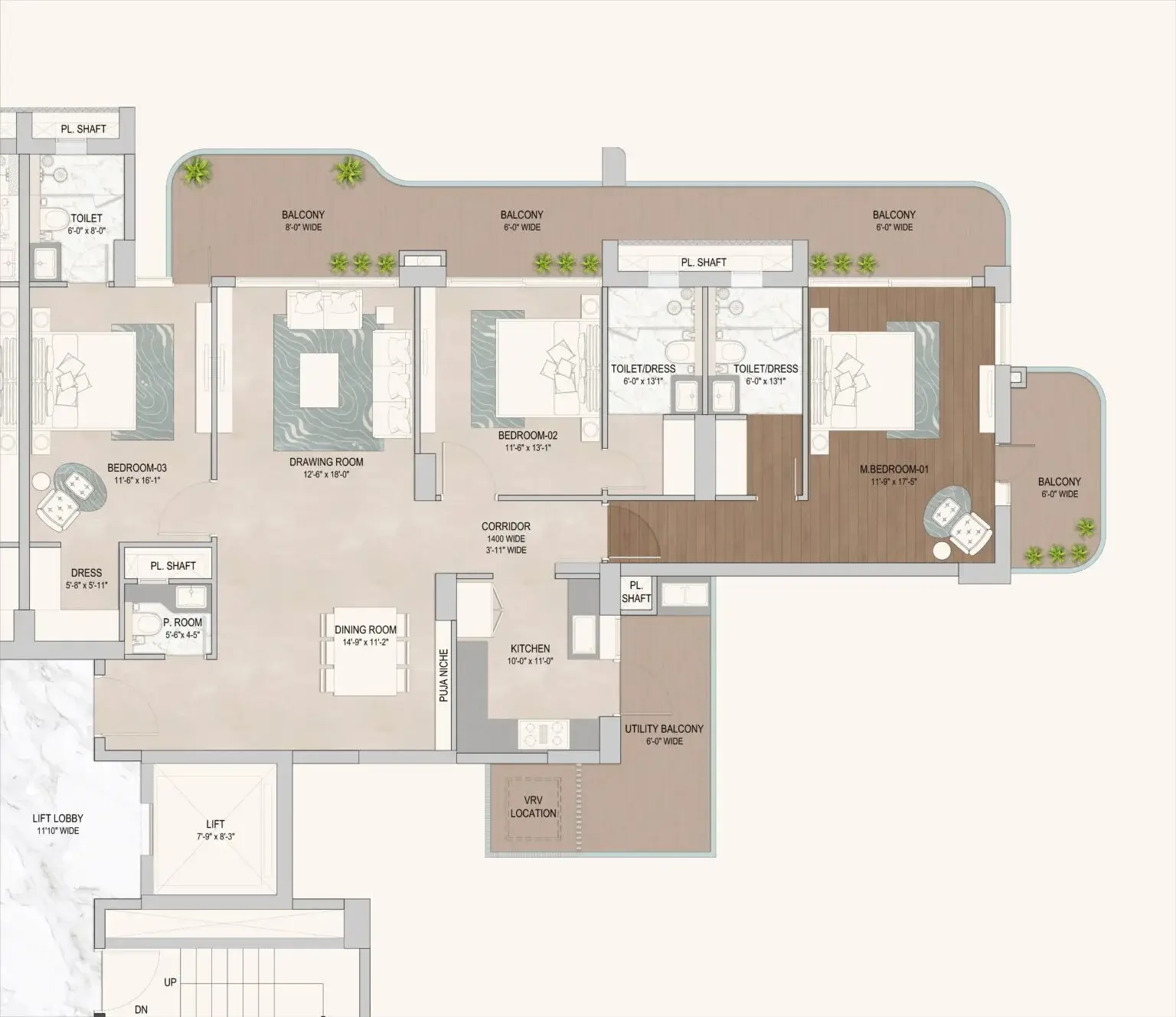 Tower 2 - 3 BHK Typical Floor Plan