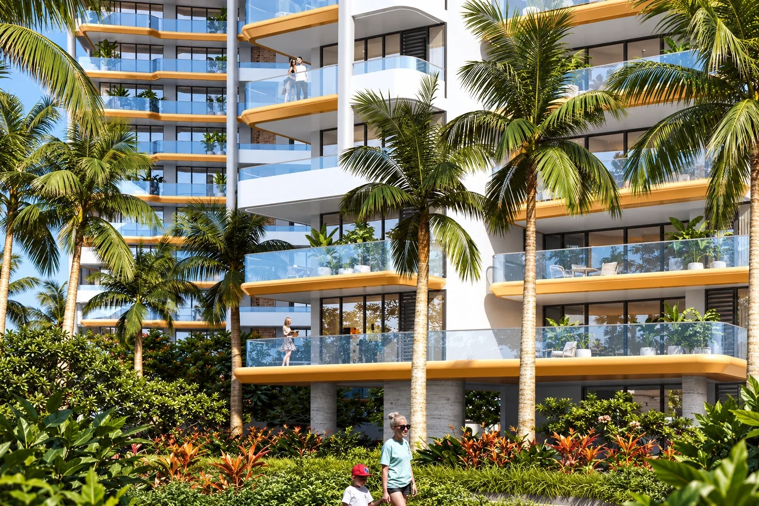 Glass balconies, palms and landscaped gardens at Noble Aurellia