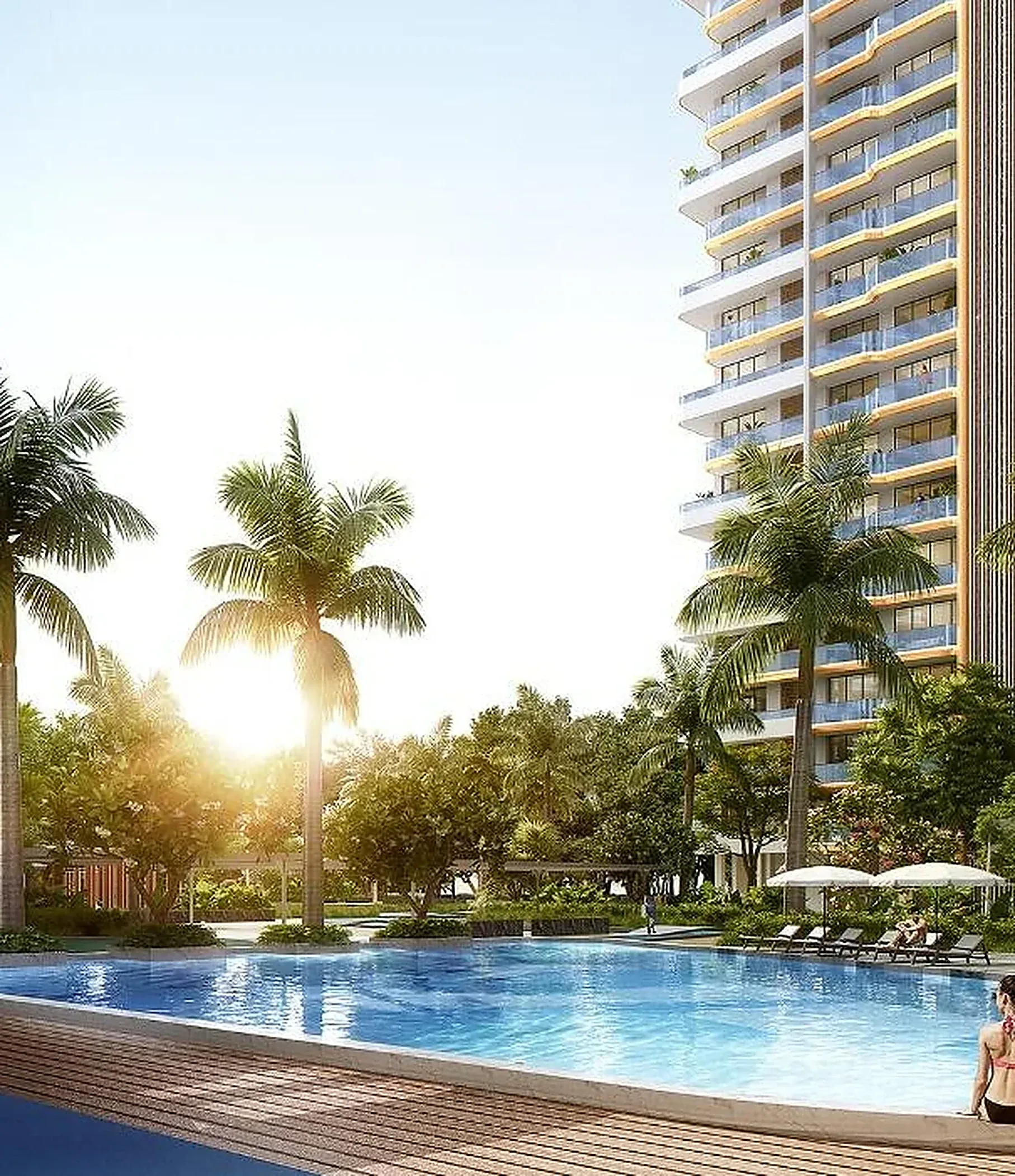 Noble Aurellia tower and pool deck rendering at sunset